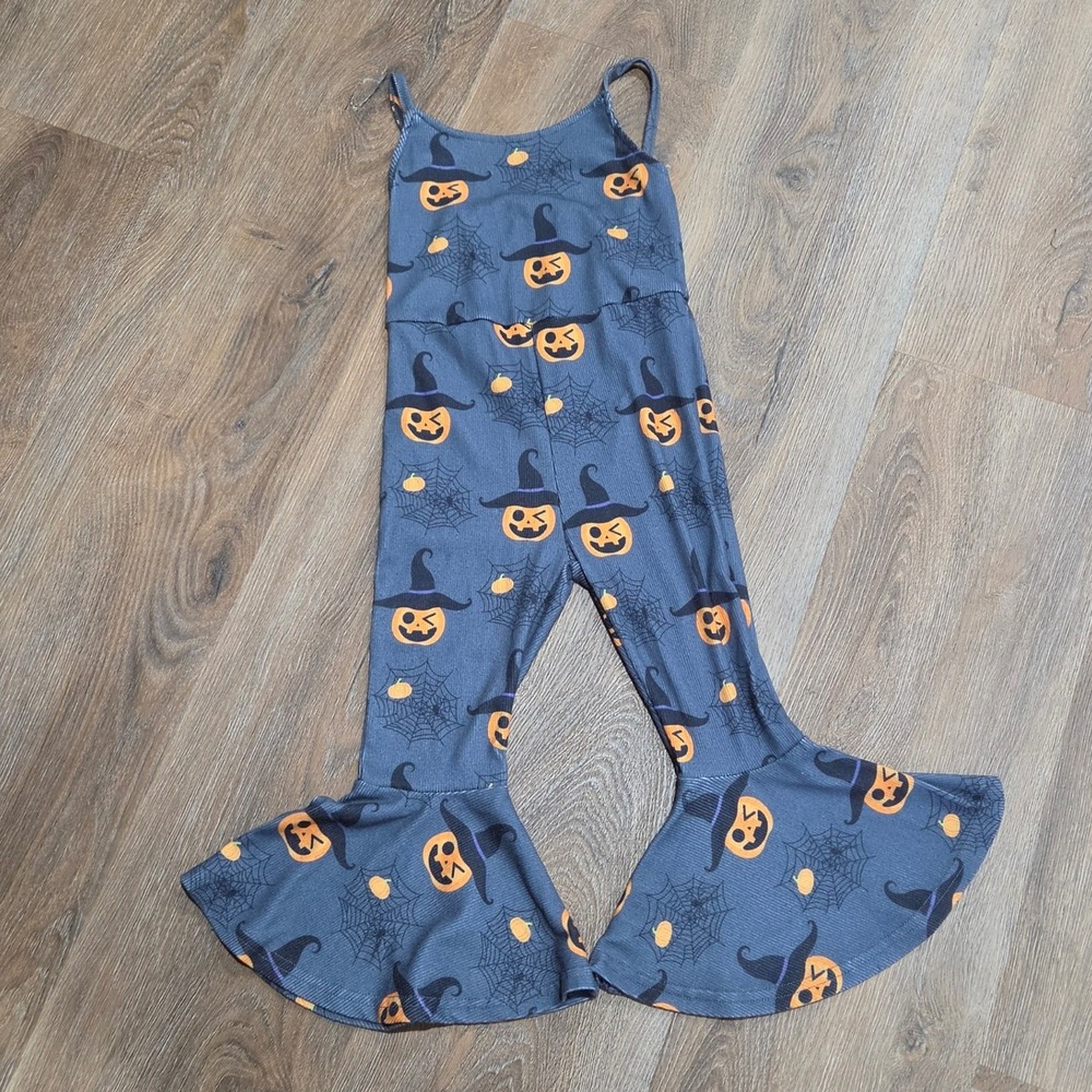 Halloween Jack-O-Lantern Witch Hat Bell Bottom Jumpsuit Grey Girls Size 120